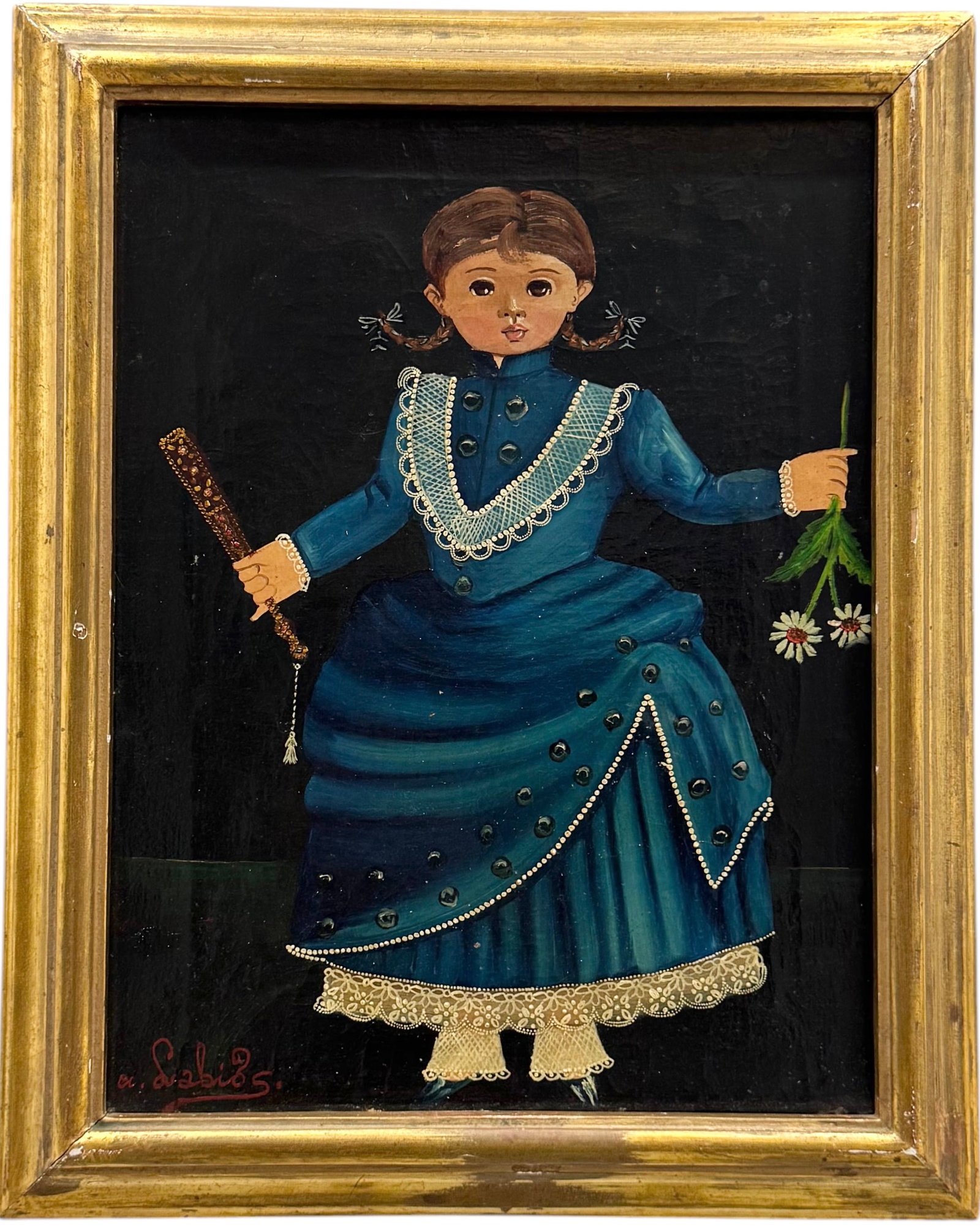 AGAPITO LABIOS (Mexican, 1898-1996) Folk Art, Important Self Taught Mexican Artist: Girl with flowers. Oil on canvas 16.5 x 12.5 in, 19.5 x 15.5 in (framed)