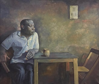 Large Vintage Hyperrealist Black Portrait Of A Man Signed Oil On Canvas 50"