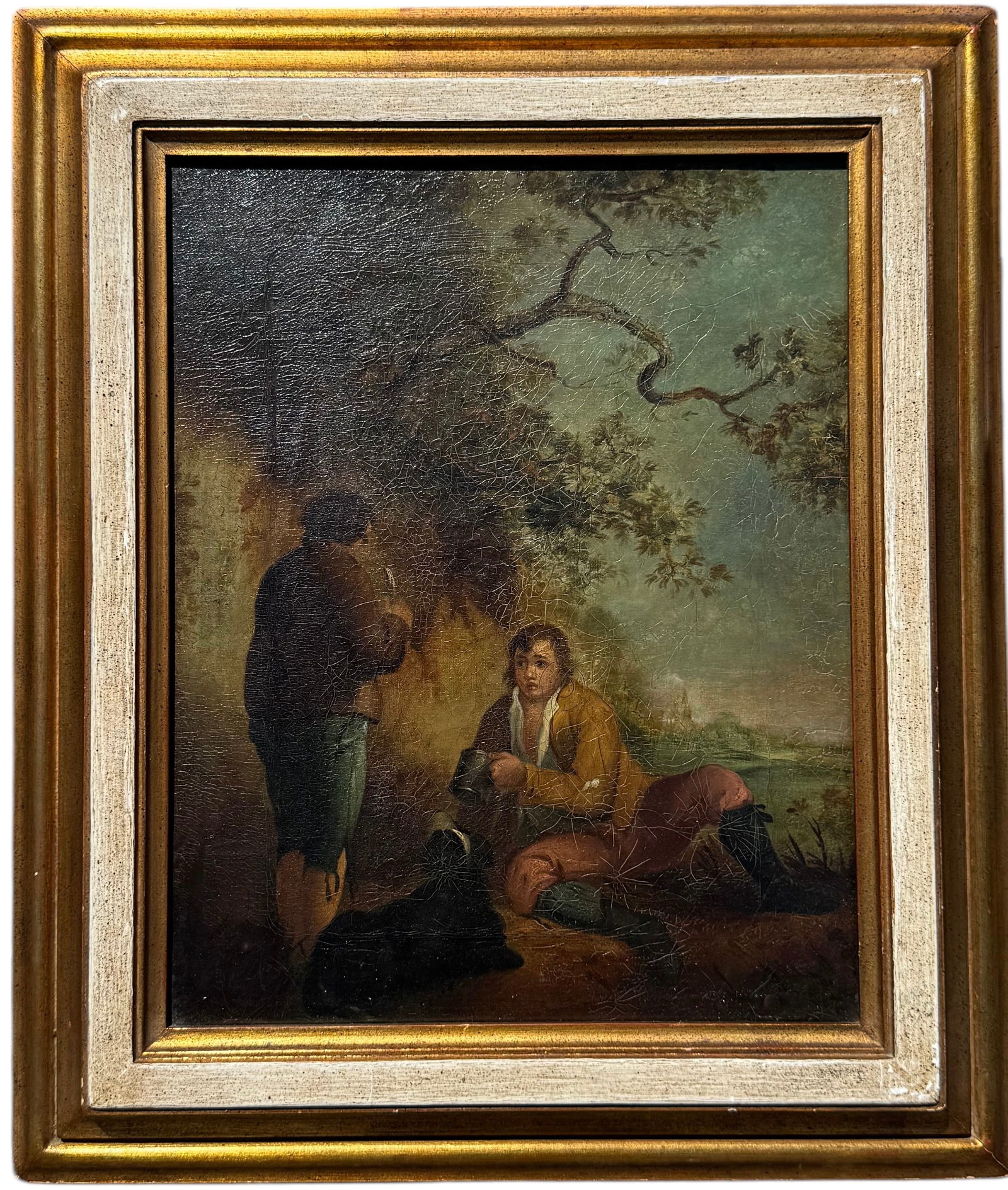 Early 19th Century English School Genre Painting Figures In Landscape With Dog: Possible work by George Morland. Oil on canvas 15 x 12 in, 19 3/4 x 16 3/4 in (framed)