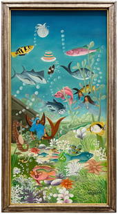 GUY DORCIN (b. 1954, Haitian) Large Colorful Underwater Naive Painting With Fish: Oil on canvas 52 3/4 x 28 3/4 in (framed)