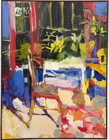 MONUMENTAL American Modernist Abstract Red Chair Heavy Impasto Oil Painting 60"