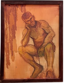 Vintage American School Modern Seated Nude Male Abstract Painting Signed