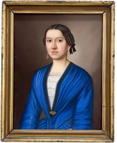 Mid 19th Century Continental School Portrait Of A Woman In A Blue Dress