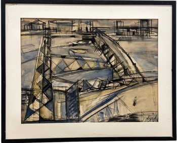 JEAN CLUADE BEDARD (1928-1982, French) Paris School Abstract Cityscape w/ Bridge