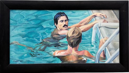 Vintage 1980's Painting Of Two Men In A Swimming Pool Signed