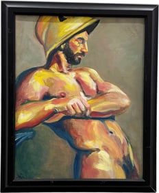 American Portrait Of A Nude Man With A Helmut Signed Oil On Canvas