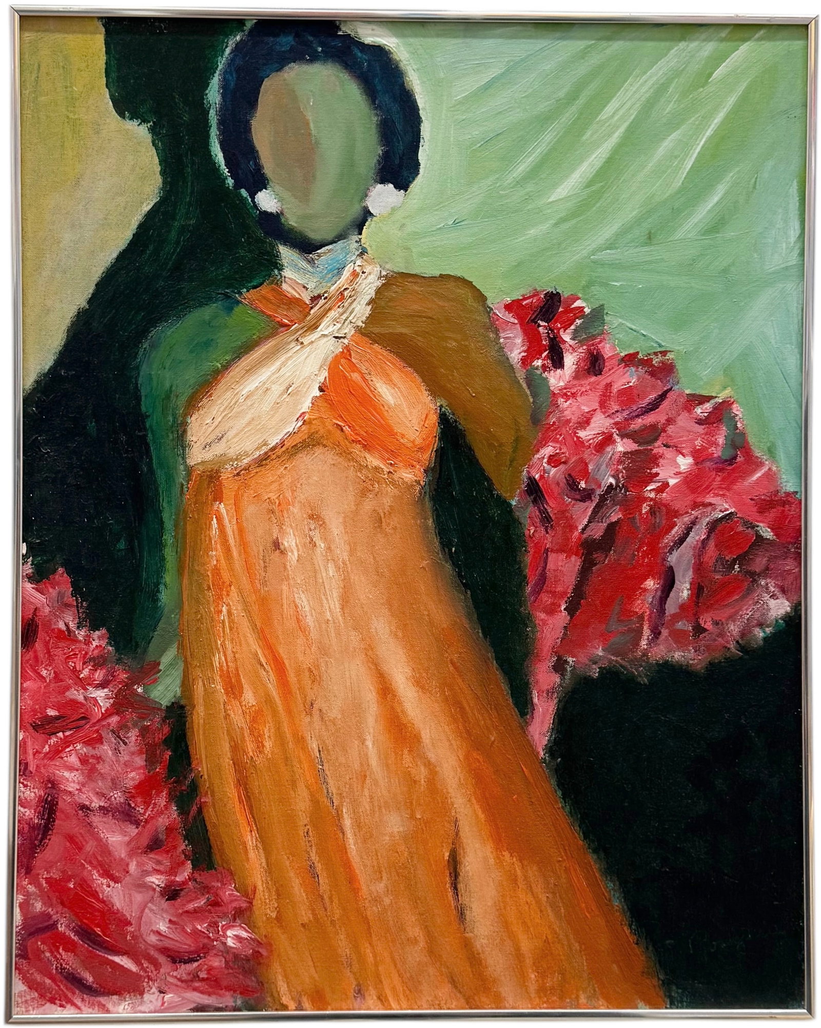 Vintage American Modernist Portrait Of A Faceless Woman: Oil on board 24 x 18 in