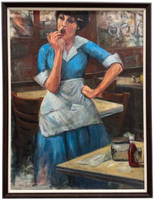 Large American School Portrait Of A Diner Waitress Oil On Canvas (1 of 3)