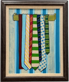 Nicely Framed American School Colorful Painting Of Man's Tie Rack Signed Illegibly
