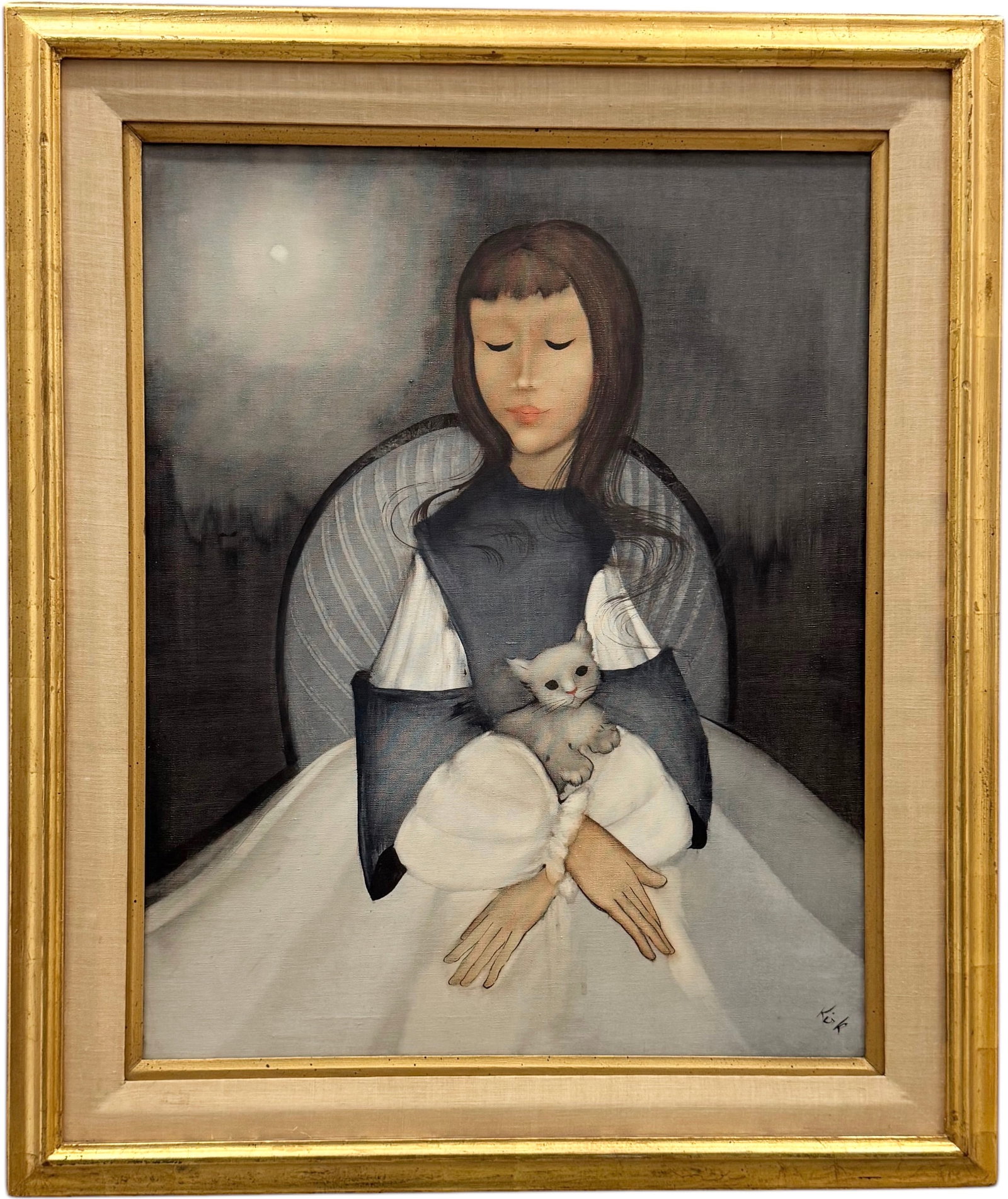 Vintage American School Modernist Portrait Of A Woman With Her Cat: Oil on canvas 30 x 24 in, 38 x 32 in (framed)