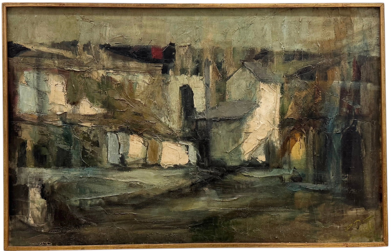 Spanish School Modernist Village Scene Muted Tones Illegible Signature: Oil on canvas 44 x 28.5 in