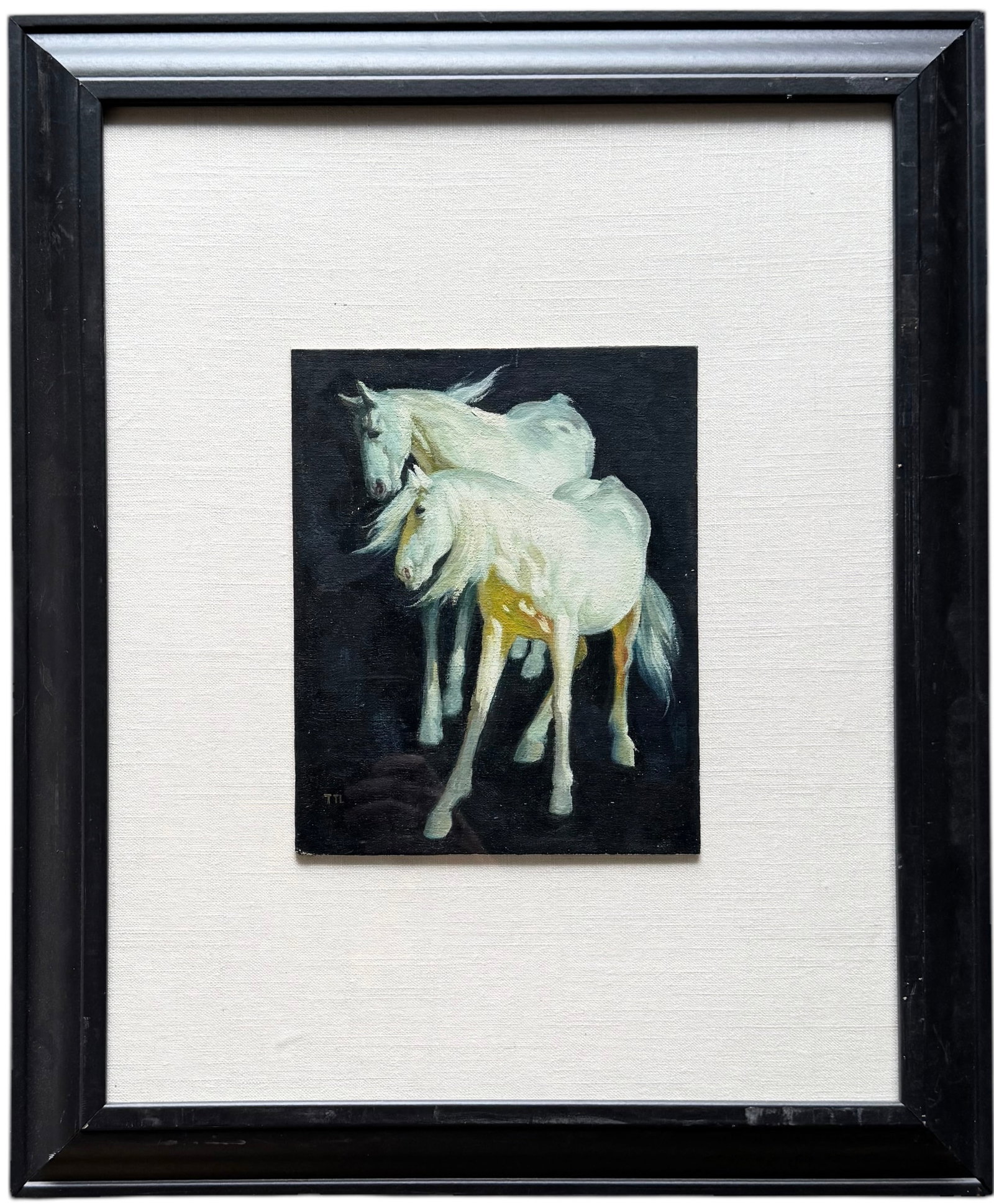 Oil Painting Of White Horses Signed With Monogram: Oil on board 10 x 8 in, 23.5 x 19.5 in (framed)