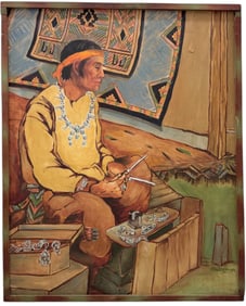 Mid-Century Native American Portrait Of A Navajo Jewelry Maker Signed