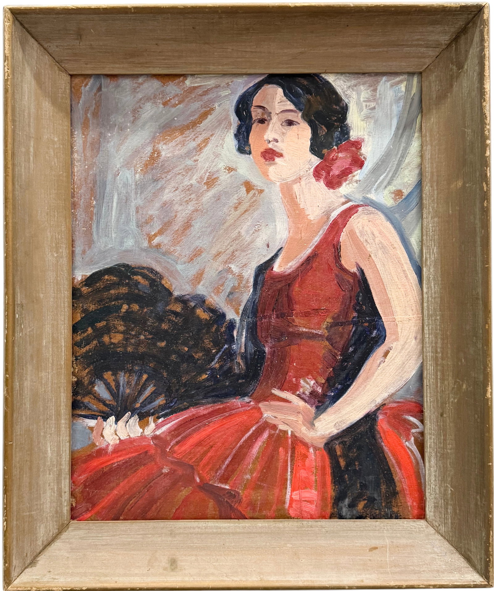 Early 20th Century American School Portrait Of A Dancer: Oil on board 20 x 16 in, 24 x 20 in