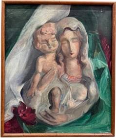 1940's American School Modernist Mother & Child Portrait Oil On Canvas Signed