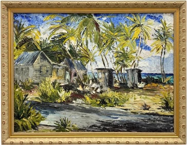 Nicely Framed Impressionist 1960's Caribbean Landscape Signed Oil On Board