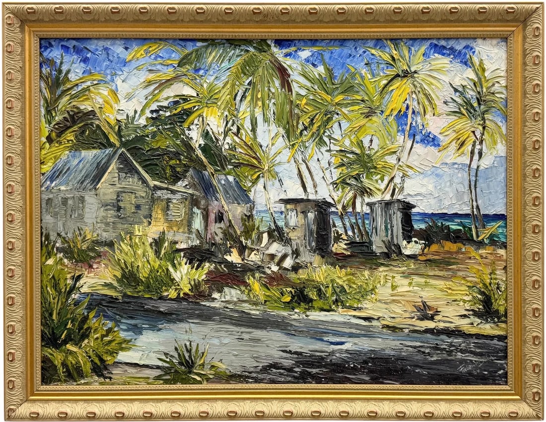 Nicely Framed Impressionist 1960's Caribbean Landscape Signed Oil On Board: Oil on board 23 x 18 in, 27 x 23 in (framed)