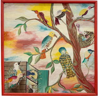FRITZ DOMINIQUE (20th c, Haitian) Birds In Tree: Oil on board 25 x 25 in (framed)
