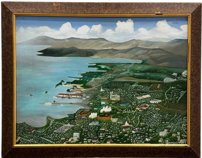 JOSEPH WILFRID DALEUS (1949-2017, Haiti) Port Au Prince Aerial View Cityscape: Oil on canvas 40 x 30 in, 46 x 36 in (framed)