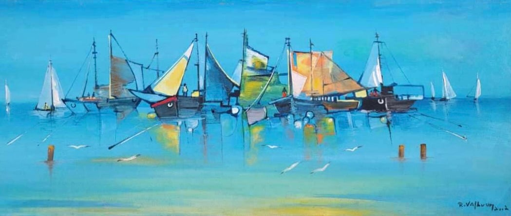REGINALD VALBRUN (20th c, Haitian) Boats In Harbor: Oil on canvas 12 x 30 in