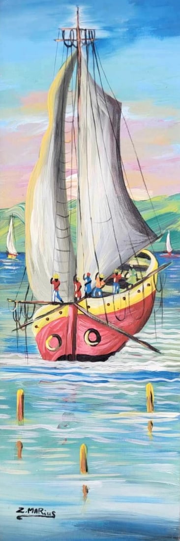 Z. MARIUS (20th c, Haitian) Pirate Ship: Oil on canvas 10 x 30 in