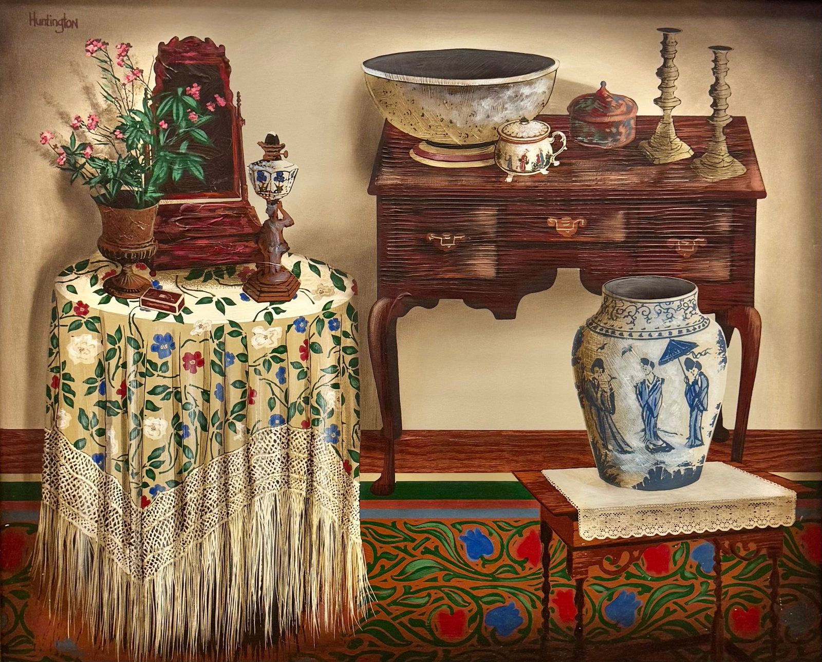 Large American School Still Life Oil On Canvas Signed Huntington: Oil on canvas 44 x 36 in, 49 x 41 in (framed)