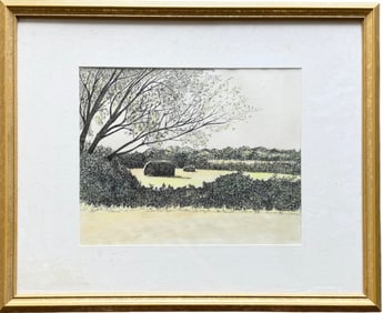 Modernist Tennessee Landscape Monogrammed Watercolor With Gallery Label Verso