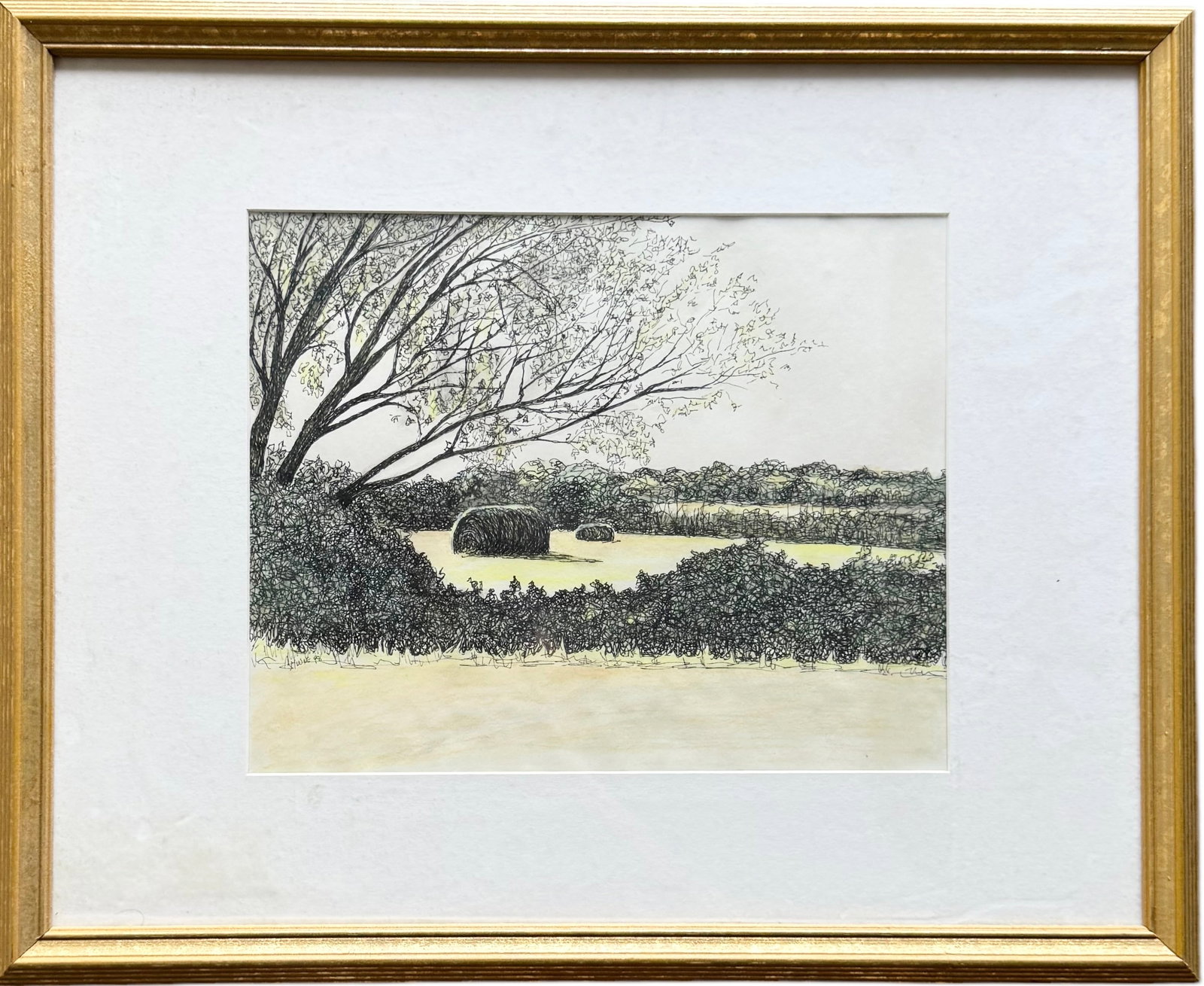 Modernist Tennessee Landscape Monogrammed Watercolor With Gallery Label Verso: Watercolor 12.5 x 20 in, 25.5 x 17.5 in (framed)