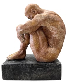 Contemporary Seated Sculpture Of Thinking Nude Man