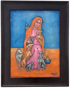 Latin American Naive Oil Painting Of A Woman With Dogs, Signed