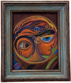 Contemporary Cubist Abstract Of Figures Signed With Monogram Oil On Board