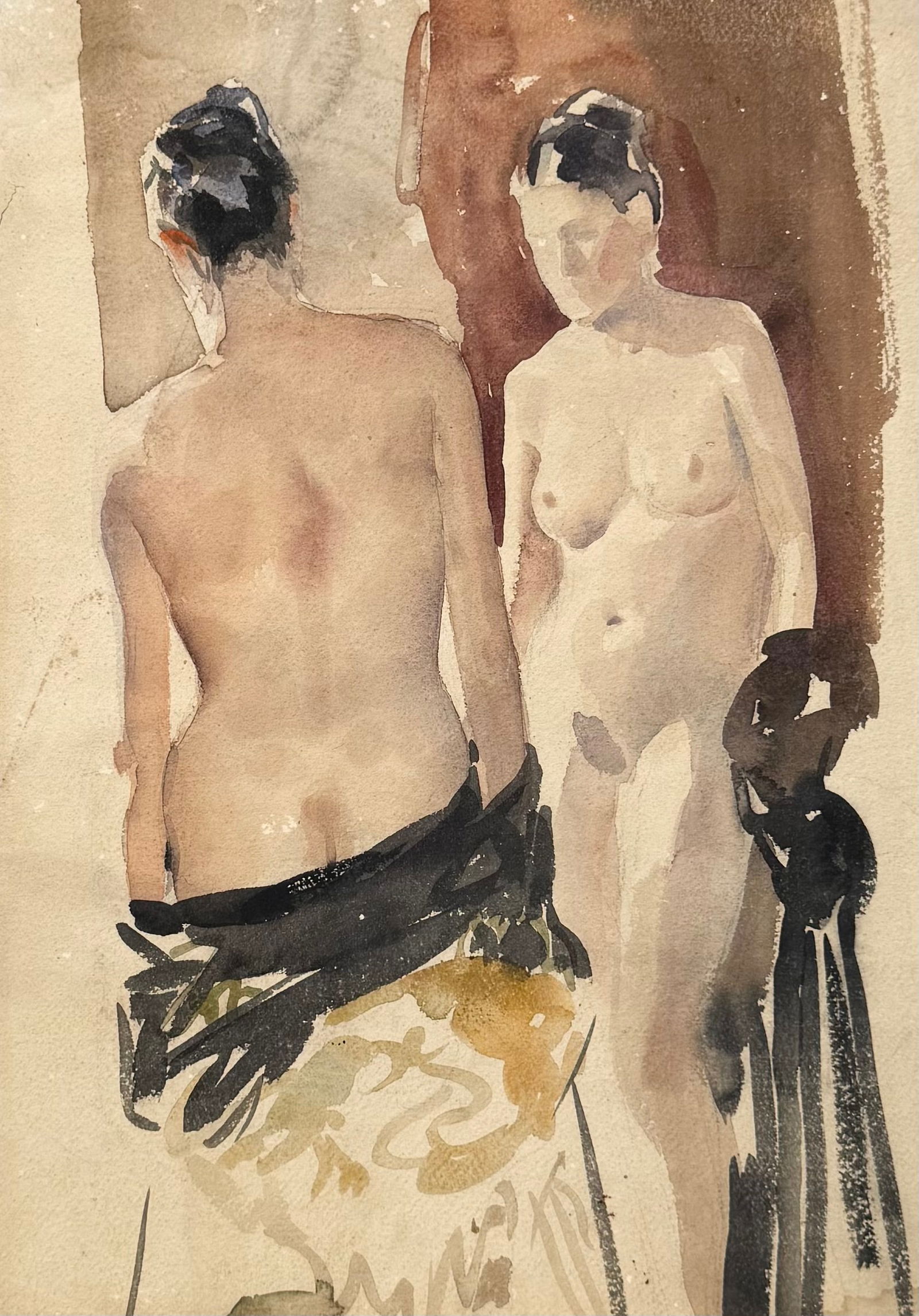TORE ASPLUND (1903-1978, American) Watercolor Double Sided Nude, Harbor: Watercolor 19 x 13 in