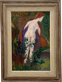 Mid-Century Swedish School Nude In Landscape Oil On Masonite