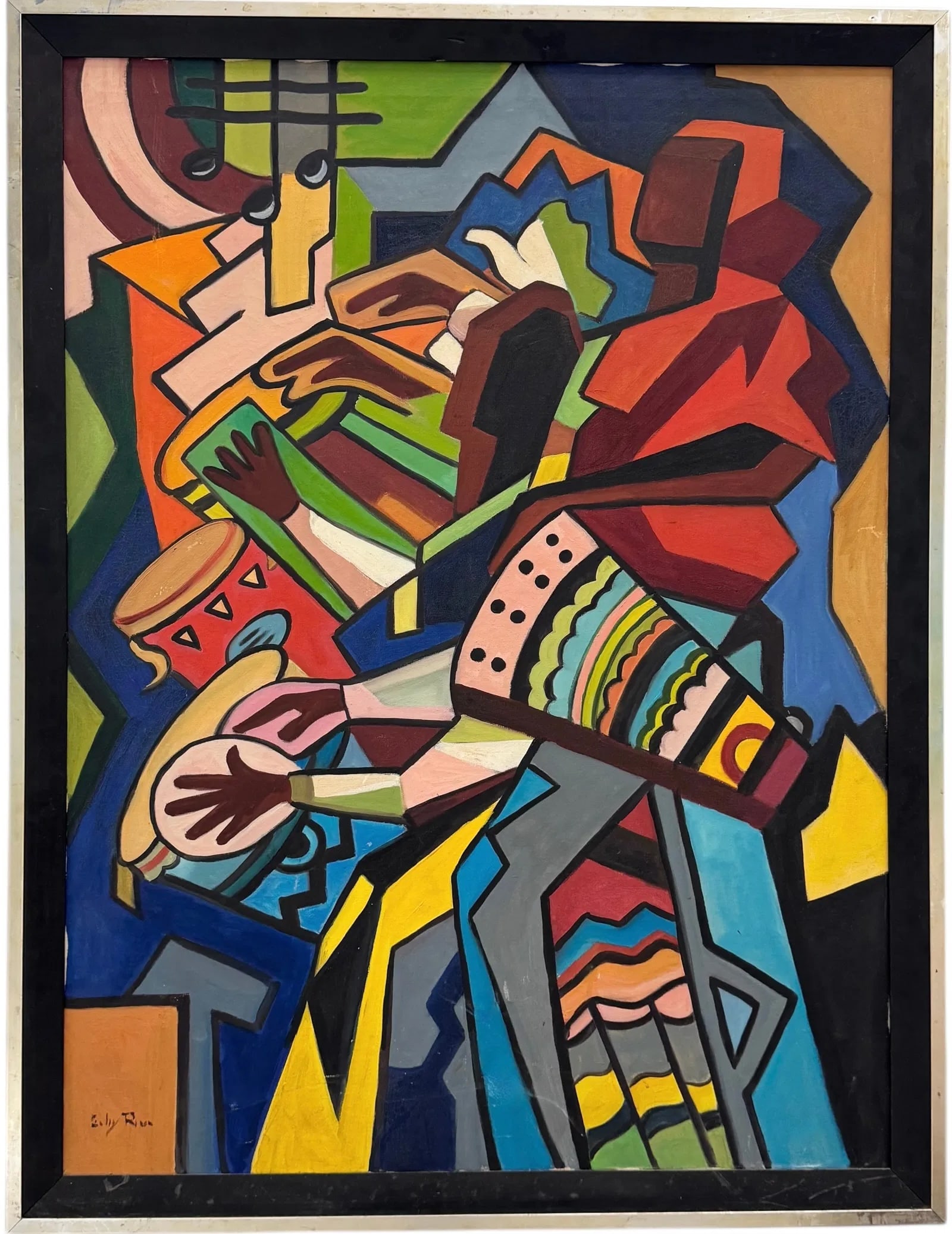 GABY RIVA Mid-Century Cuban School Colorful Cubist Oil On Canvas Woman Artist: Oil on canvas 43.5 x 33.5 in (framed)