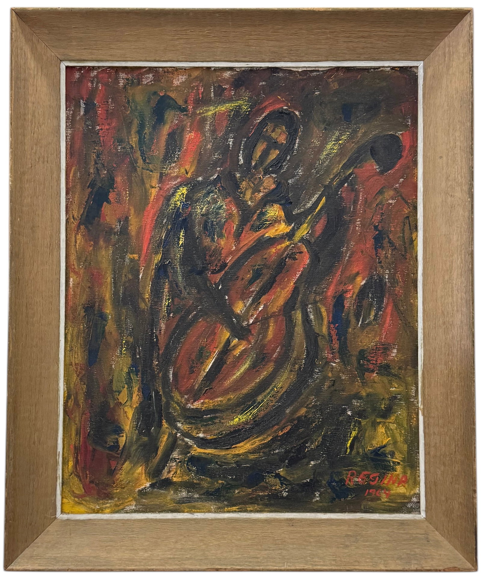 1960's Mid-Century Modern Abstract With Musician Signed: Oil on canvas 20 x 16 in, 24 x 20 in