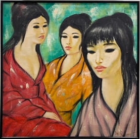 Large Modern Mid-Century Portrait Of Three Oriental Women Signed
