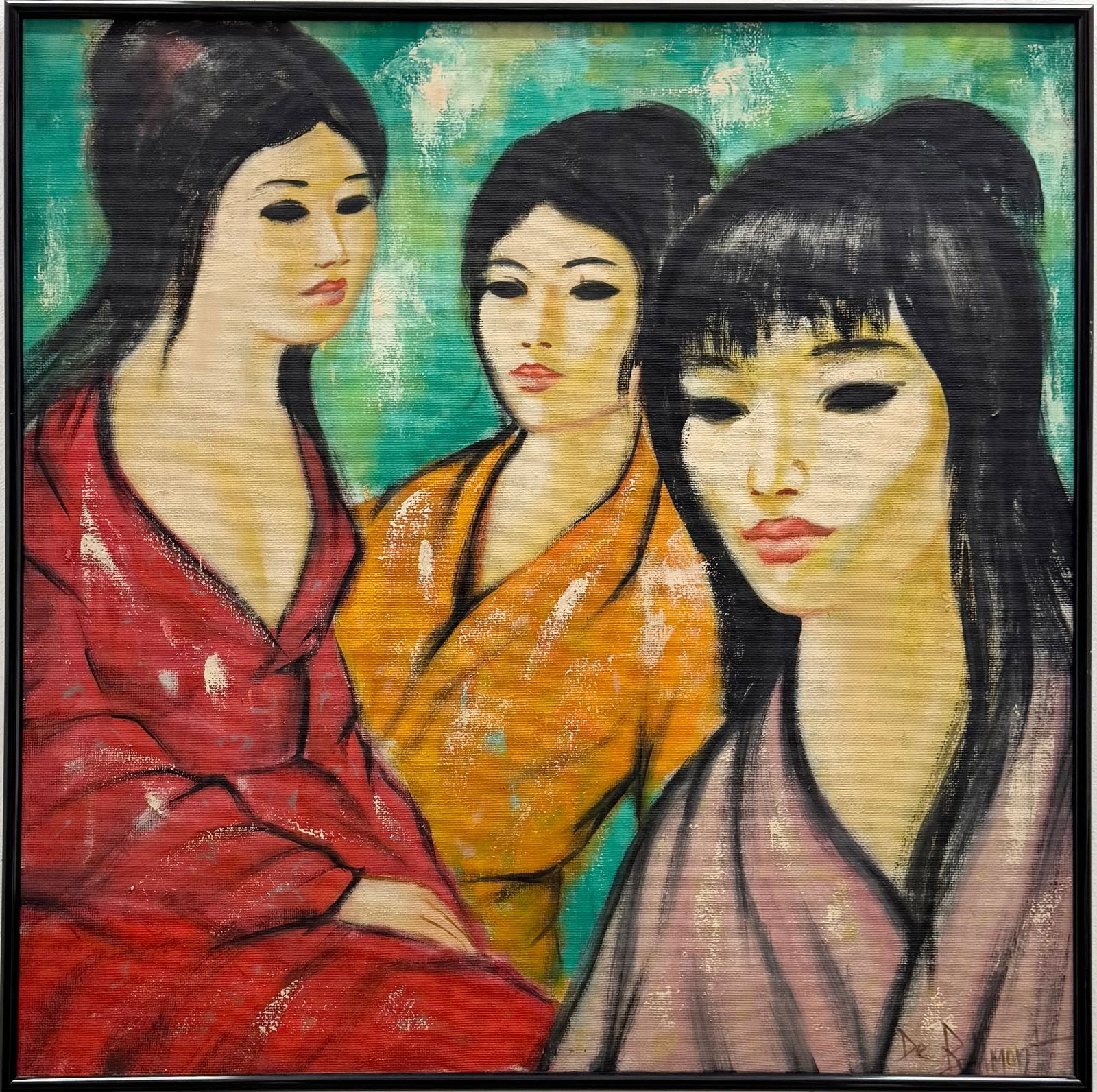 Large Modern Mid-Century Portrait Of Three Oriental Women Signed: Oil on canvas 36 x 36 in