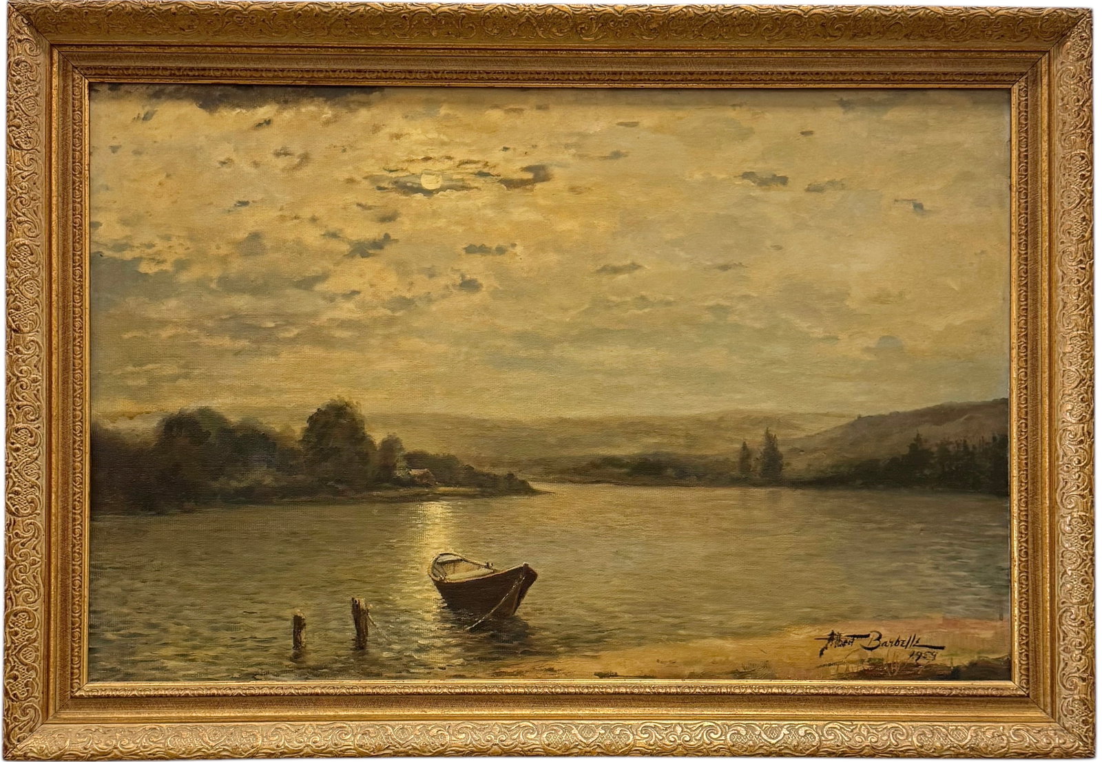 ALBERT WILFRED BARBELLE (1987-1957, American) Tonalist Lake Landscape: Oil on board 36 x 24 in, 41.5 x 29 in (framed). Domestic Flat Shipping Price: $110