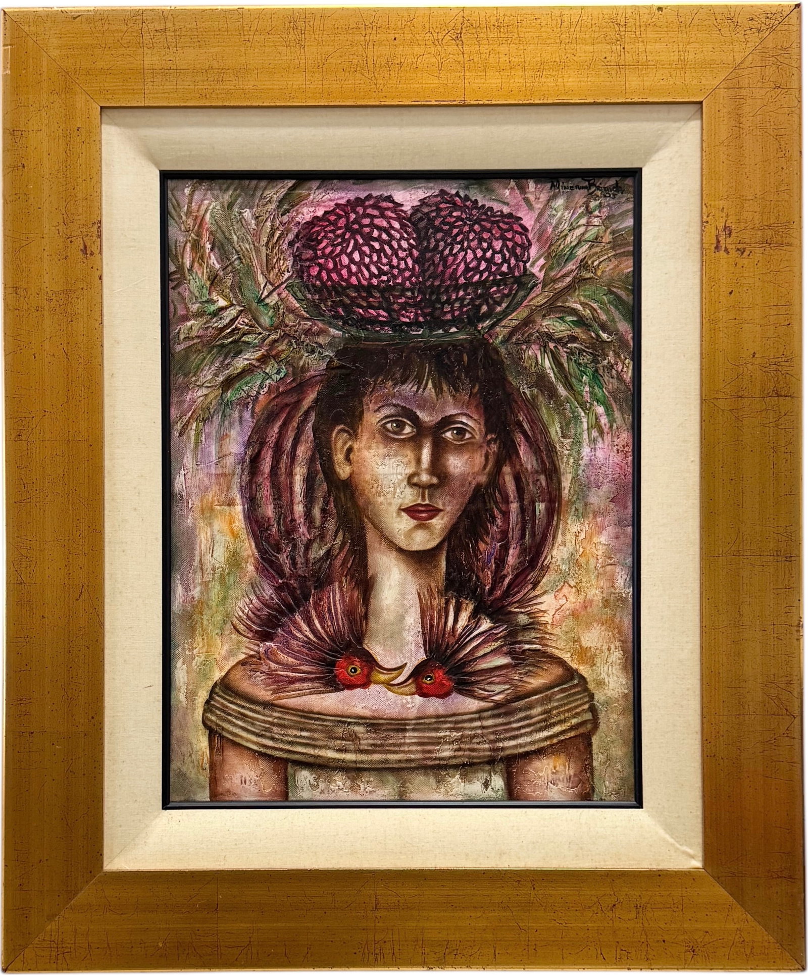 MINERVA BRIZUELA (1951-2021, Cuba) Portrait Of A Woman: Oil on canvas 24 x 18 in, 36 x 29.5 in. Domestic Flat Shipping Price: $110
