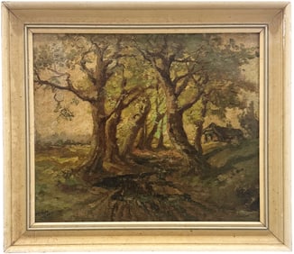 European School Landscape Signed Illegibly Oil On Board