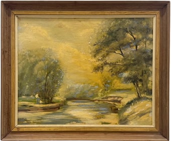 American Southern School Landscape Fisherman By Stream