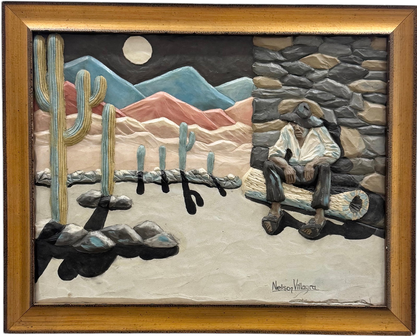NELSON VILLAGRA Hand Painted Mexican Modernist Wood Relief: Oil on wood 25 3/4 x 20 1/2 in (framed). Domestic Flat Shipping Price:$80