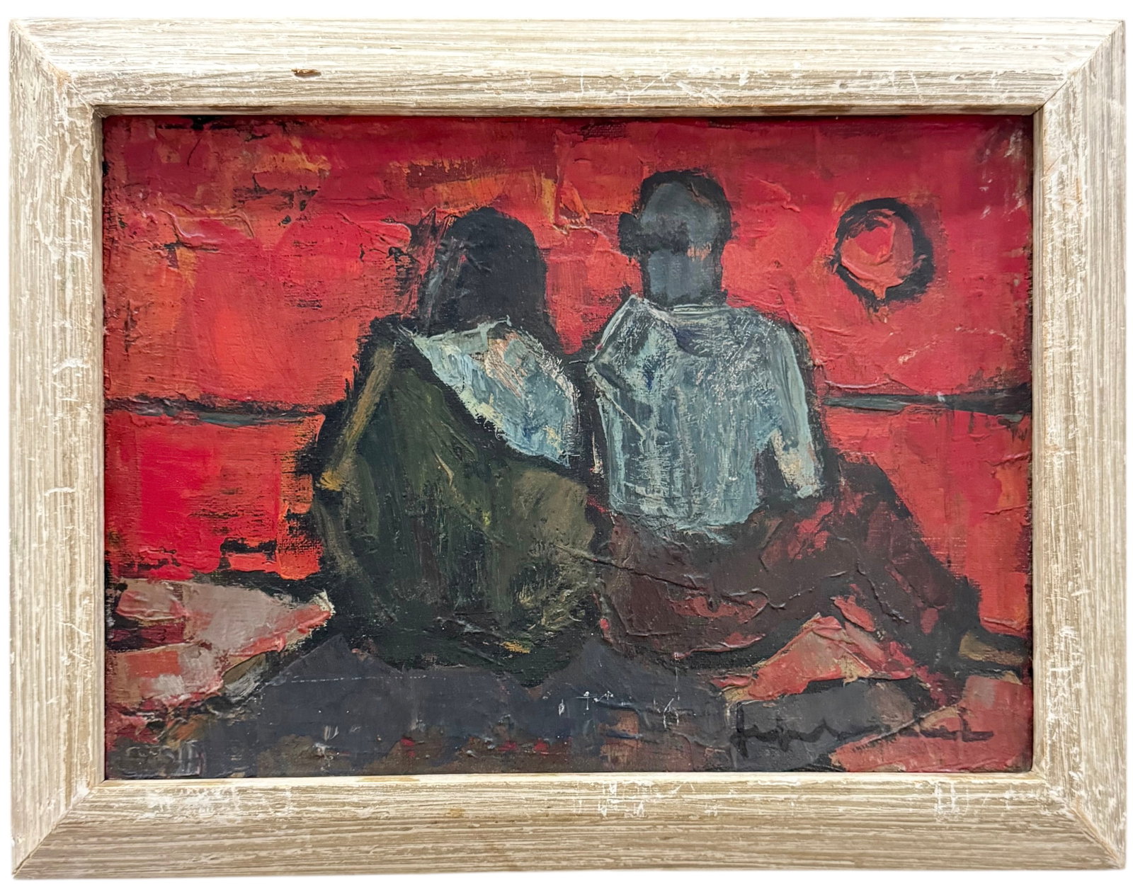 JEF FRIBOULET (1919-2003, French) Modernist Figures Watching Sunset Over Water: Oil on canvas 13 x 9.5 in, 19.5 x 12 in (framed). Domestic Flat Shipping Price:$55