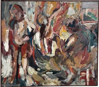 Mid-Century Modern Abstract Withe Figures Signed Oil On Canvas