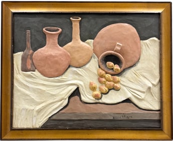 NELSON VILLAGRA Hand Painted Mexican Cubist Wood Relief