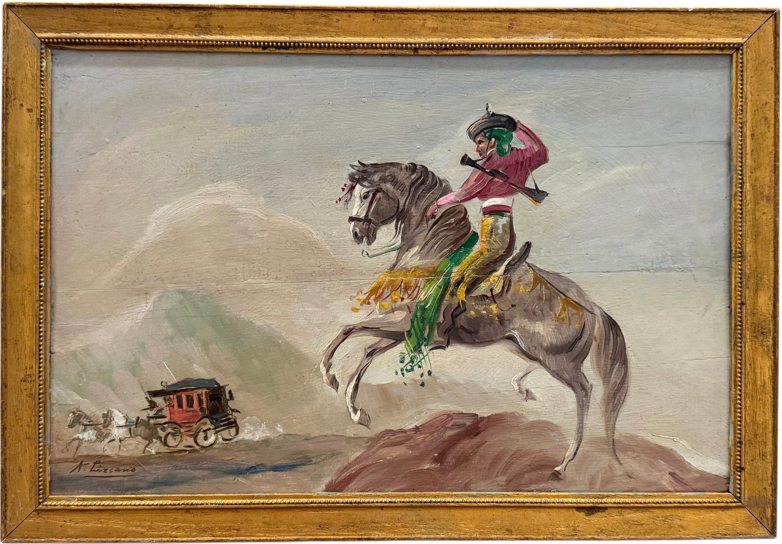 Spanish School Figure On Horse In Landscape Signed Lizcano: Oil on board 15 x 9.5 in, 16 x 11 in. Domestic Flat Shipping Price:$45