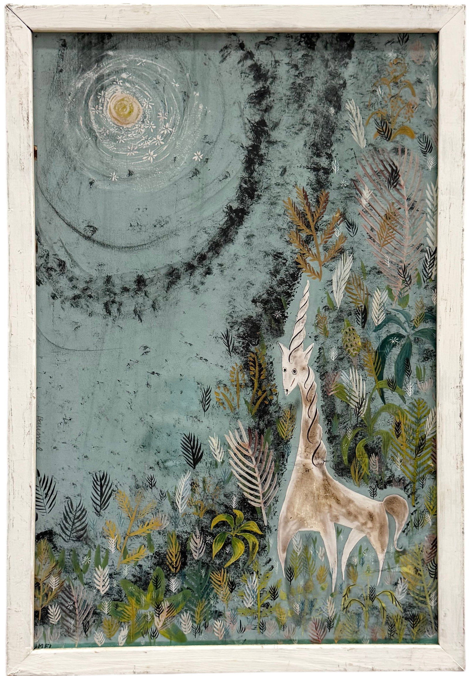 Mid-Century Whimsical Surrealist Landscape With Unicorn Signed Saumel: Oil on board 17.5 x 12 in. Domestic Flat Shipping Price:$45