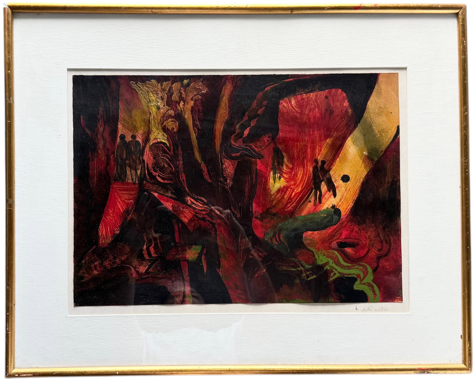 Chilean School Avalo Arietta Abstract With Figures Signed Nicely Framed: Acrylic on paper, 19.5 x 13.5 in, 27.5 x 21.5 in (framed). Domestic Flat Shipping Price: $90