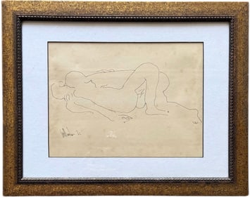 Mid-Century Modernist Ink Drawing Lying Nudes Signed