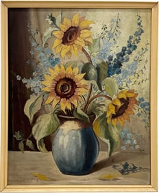 Vintage American School Still Life Of Sunflowers Signed